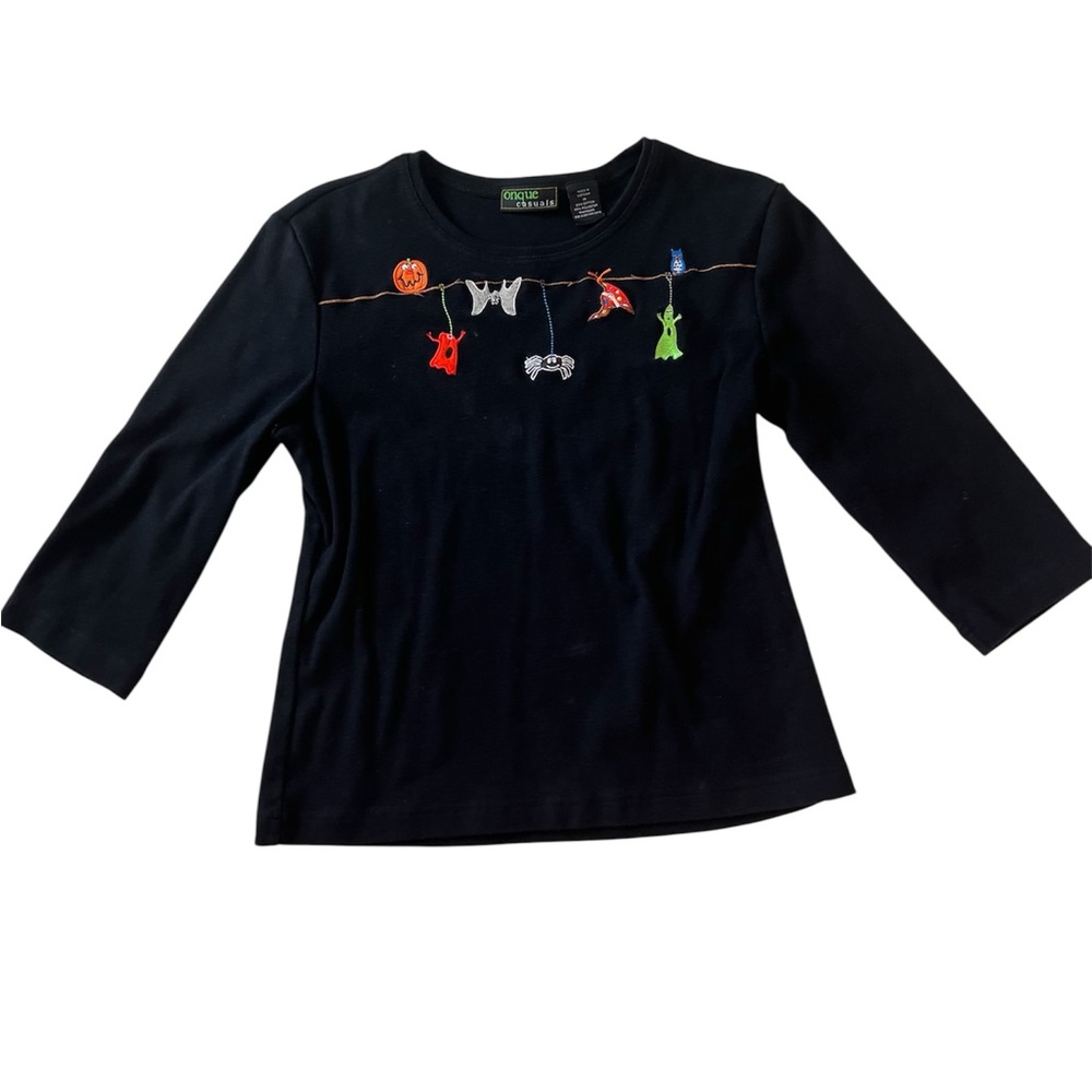 Vintage Onque Casuals Halloween Embroidered 3/4 Sleeve Top Black M